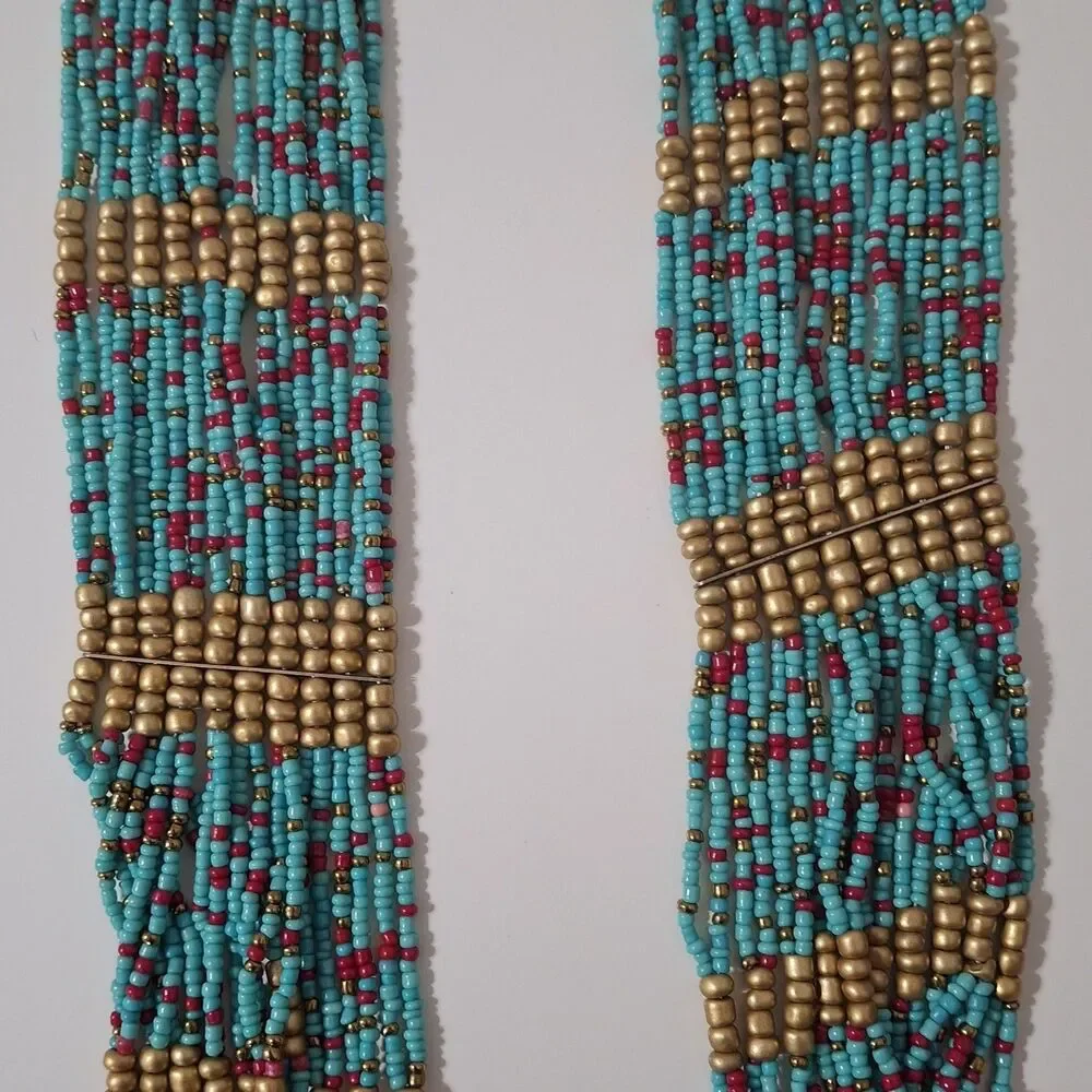 Multi- Layered Turquoise Red Gold Seed Beaded Statement Necklace Long Adjustable